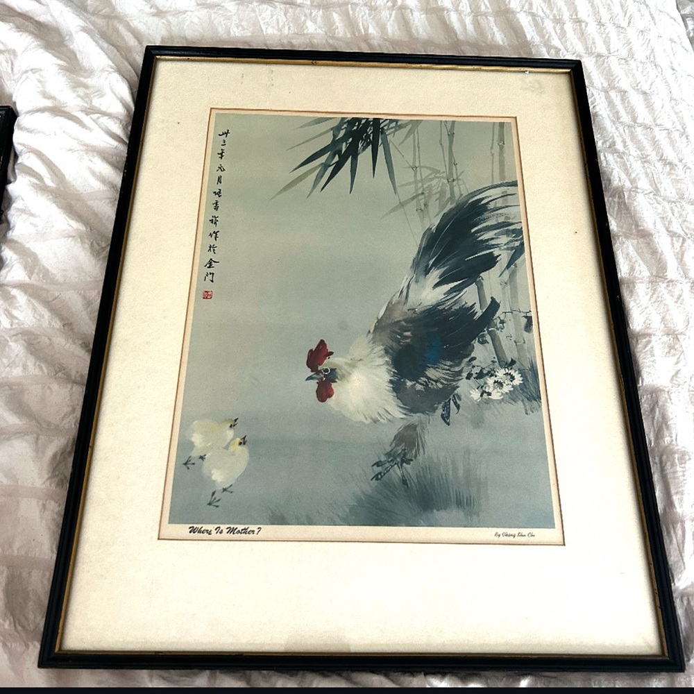 Framed Rooster and Chick Art Print - Chang Shu Chi Vintage